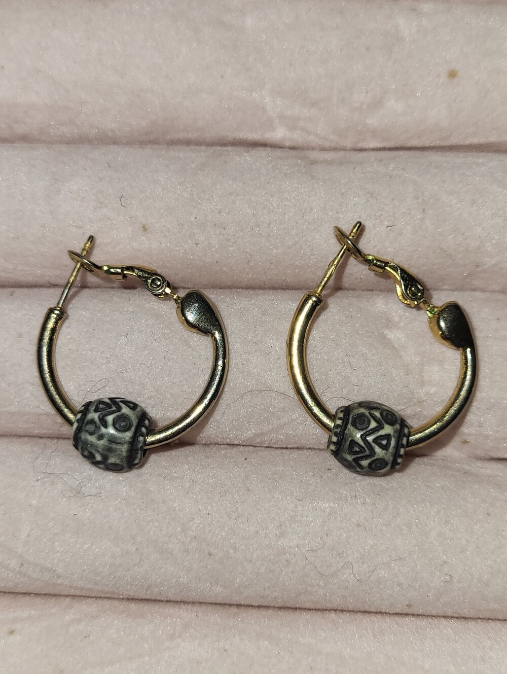 Vintage Boho Tribal Hoop Earrings Gold Tone Etched Geometric Charm Bead Leverbac